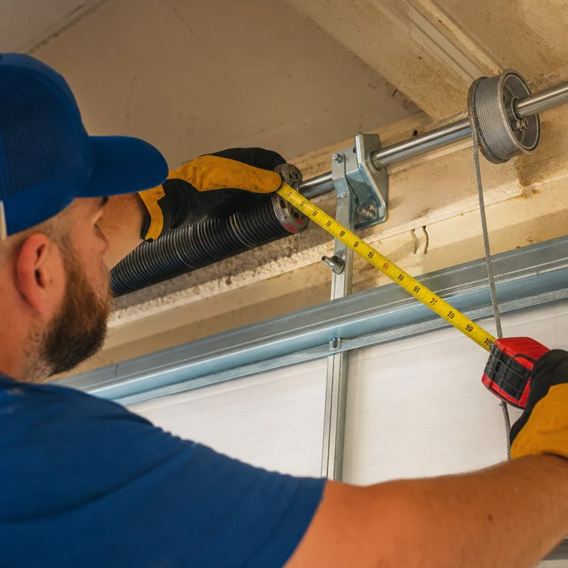 Technician measuring and inspecting a garage door torsion spring, winding cone, bearing plate, cable drum, and lift cable