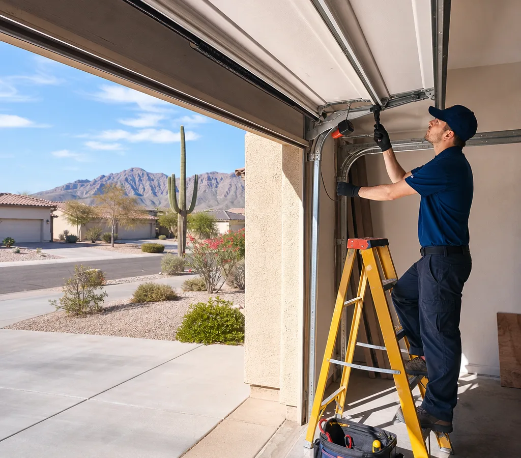 Technician inspecting a residential sectional garage door, springs, rollers, and opener rail at a Goodyear home